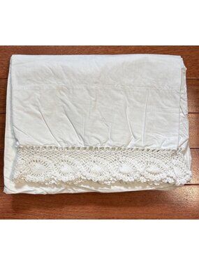 Vintage Cotton Pillowcase With Crochet Trim & Rustic Charm 19" x 34.5" White
